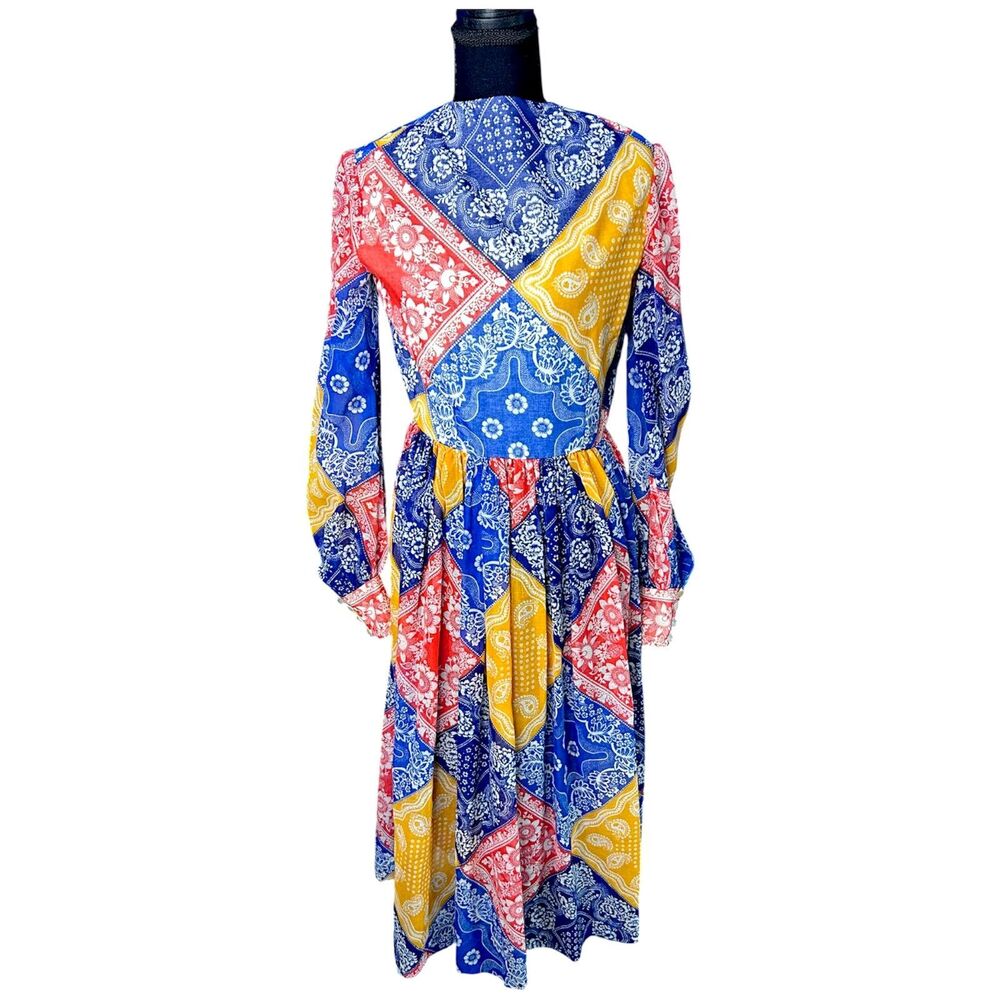 Vtg Womens Multicolor Patchwork Dress Sz S Boho Country Cottage Festival Bandana